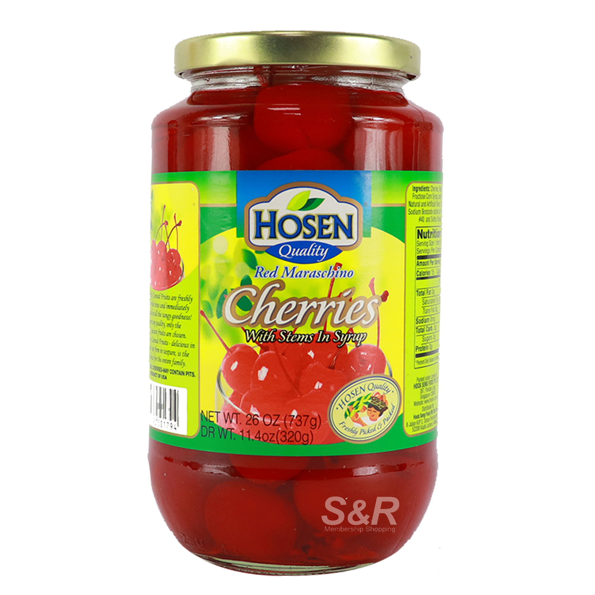 Hosen Red Maraschino Cherries with Stems in Syrup 737g Hosen Red Maraschino Cherries with Stems in Syrup 737g